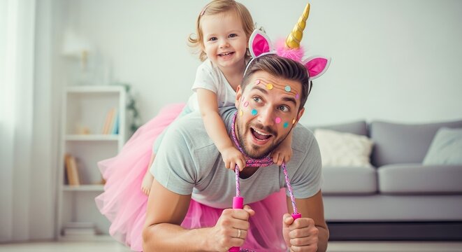 Father playing with daughter dressed as unicorn in living room scene