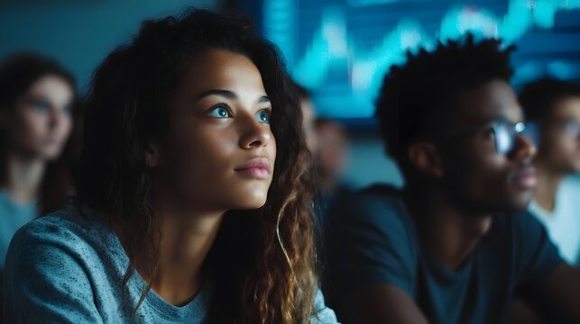 Students watching an animated financial presentation in a classroom setting - Powered by Adobe