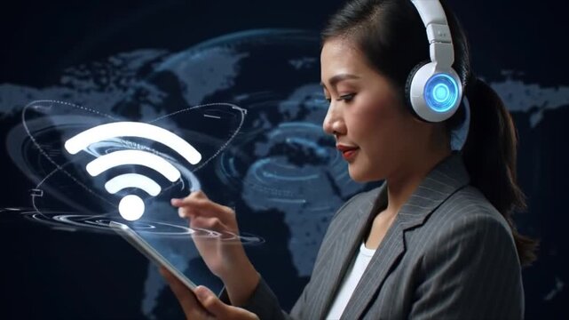 A professional woman engages with her tablet while wearing headphones, highlighting the intersection of technology and global connectivity. The background features a world map