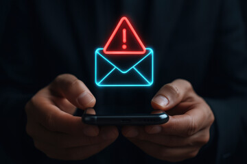 Close up of person holding smartphone with warning email icon, indicating potential threat