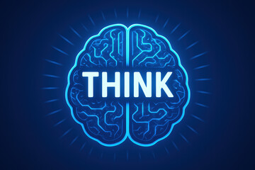 Neon brain illustration with word THINK glowing, symbolizing creativity and intelligence