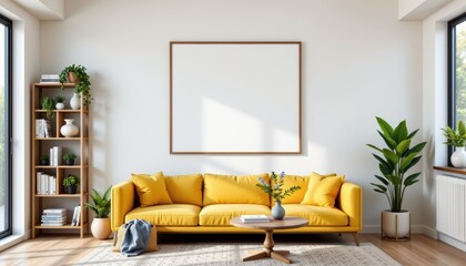 Modern living room furniture design with blank poster template on empty wall bright interior cozy environment