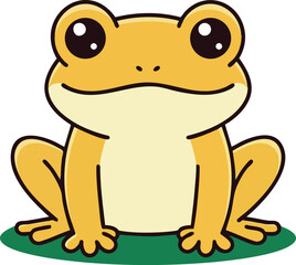 Obraz premium Yellow frog cartoon sitting on green patch vector illustration with big eyes and simple style