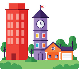 Fototapeta premium Colorful cityscape with red apartment, purple clock tower, and orange house surrounded by trees and greenery vector illustration