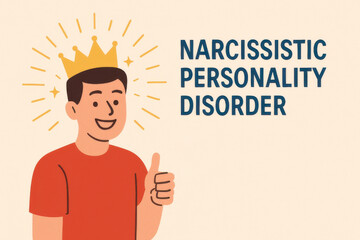 Educational illustration of smiling man with thumbs up, representing narcissistic personality