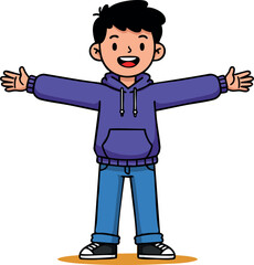 Obraz premium Happy boy in purple hoodie with open arms smiling cheerful casual vector design