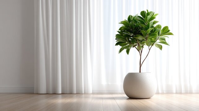 Indoor plant in a simple white pot by a window. - Powered by Adobe
