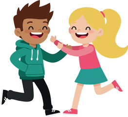 Happy playful children running and laughing together in colorful casual clothes vector illustration