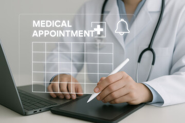 Doctor using tablet for medical appointment scheduling, showcasing modern healthcare technology