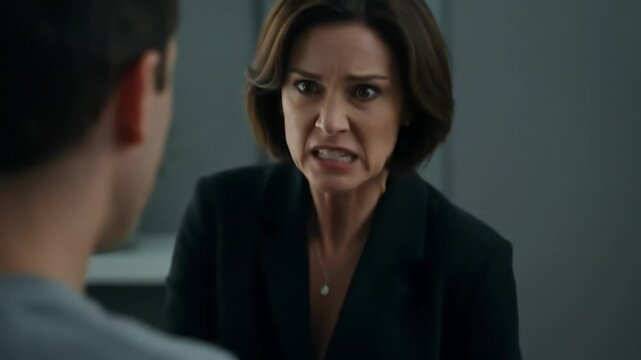 A very angry professional woman is in a heated confrontation. With an angry expression on her face, she points her finger aggressively at her subordinate.