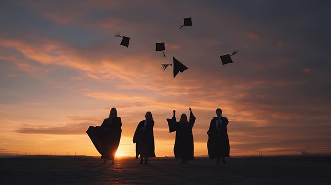 Silhouette of graduates celebrating at sunset
