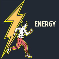 Fototapeta premium Lightning bolt with glowing outline and bold block font beside it “ENERGY” high-contrast DTG-style sleeve print