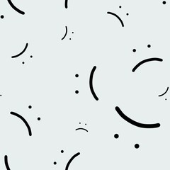 Symbols of sad smile. Seamless pattern in black color on light cyan background