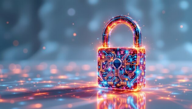 a digital lock with intricate circuit like patterns in a futuristic setting, signifying themes of security, technology, and data protection.