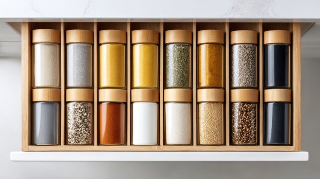 Wooden drawer organizer with glass spice jars filled with various spices and grains. - Powered by Adobe