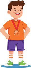 Fototapeta premium Boy wearing bronze medal standing proudly in orange shirt and purple shorts smiling confidently on white background