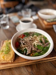 Beef Ramen Bowl with Hummus Toast and Coffee