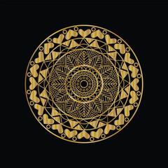 Intricate golden mandala design with heart motifs on black background