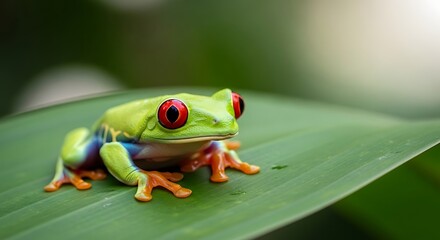 Naklejka premium Captivating close-up of a vibrant red-eyed tree frog perched on a lush green leaf showcasing