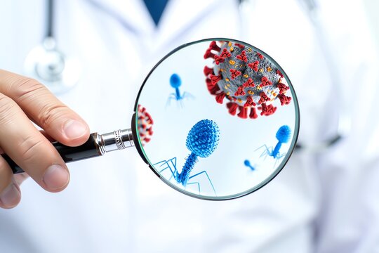 Scientist analyzing dangerous pathogens under magnification, virology study with detailed virus models