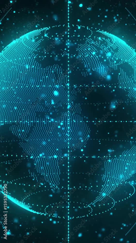 Poster rotating digital globe with data points and lines, futuristic network animation