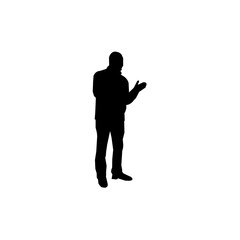 A simple, black silhouette of a man standing, gesturing with his hands outward.