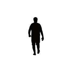 A bold, simple silhouette of a man walking, set against a plain white background.