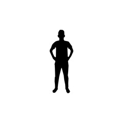 A bold, confident silhouette of a man standing with hands on hips.