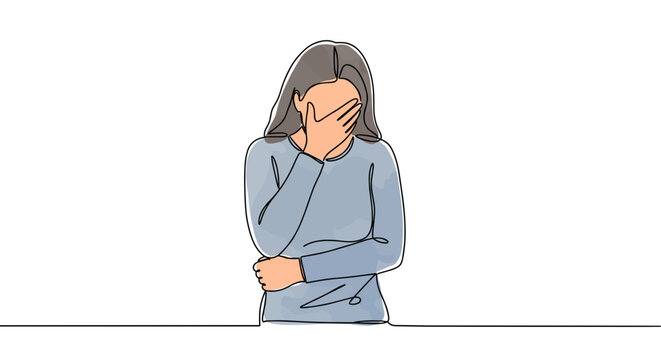 Vegetovascular dystonia, depression, anxiety, panic attack with nausea and headache. Woman holding her stomach and head &mdash; abstract one line doodle watercolor vector illustration

