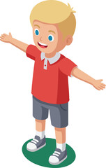 Obraz premium Boy with blonde hair wearing red shirt and gray shorts standing with arms wide open vector illustration