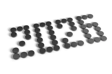 2026 written in black tiles isolated on a white background. 3D illustration.