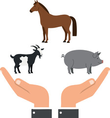 Obraz premium Farm animals protection hands holding horse goat and pig care and safety concept vector illustration