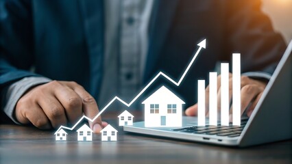 Real estate market growth concept shown on laptop with upward trending line and house icons