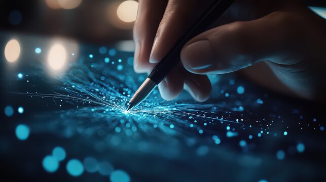 A hand holding a pen over a glowing surface with blue light trails and bokeh effect in the background