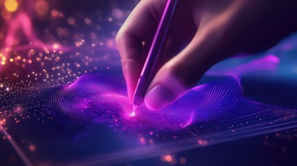 A hand using a stylus on a digital interface with glowing purple and pink light effects and abstract waves