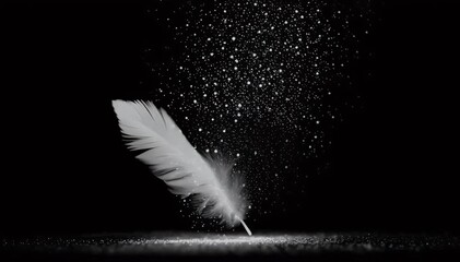 White feather with glittering particles on black background - Powered by Adobe