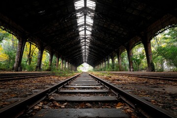 Abandoned train station platform under a decaying roof.