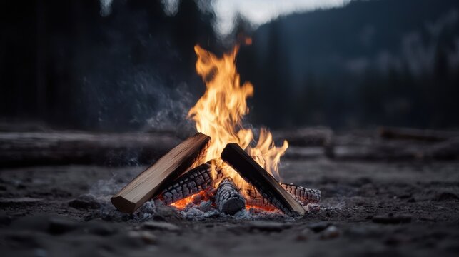 Bright campfire with burning logs and smoke outdoors, front view