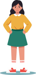 Girl standing with hands on hips in yellow sweater and green skirt casual confident pose vector illustration