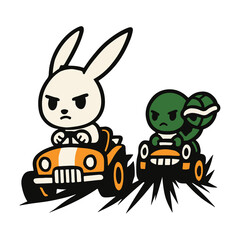 Cute Bunny and Turtle Racing in Cars Cartoon Vector Illustration.eps