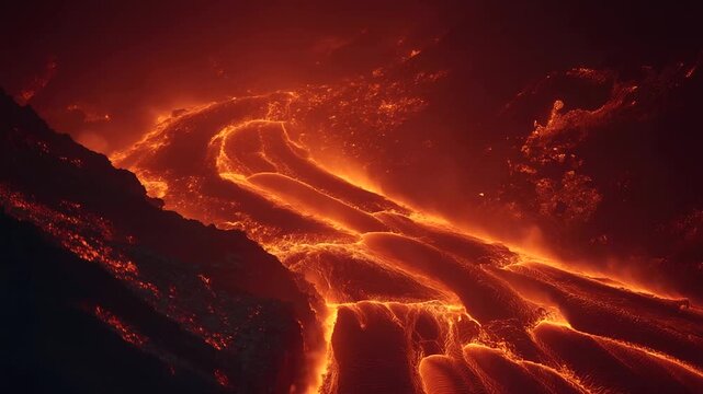 _Molten slag flowing through troughs in industrial setting, glowing metal