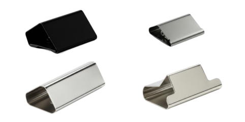 A quartet of metallic clips, showcasing minimalist design against white backdrop