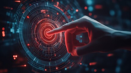 A finger touching a glowing red circular interface with digital lines and futuristic elements around it