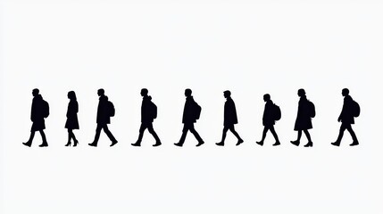 Editable vector of random people walking in black silhouette.