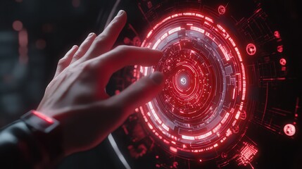 A hand interacting with a red futuristic interface with circular elements and glowing details shown