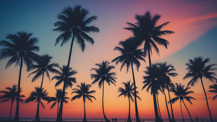 Tropical palm trees silhouetted against a vibrant sunset over the ocean and beach