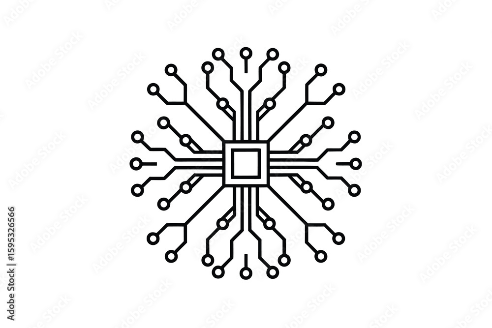 Poster abstract circuit board design with radial symmetry depicting technological connectivity and data flo