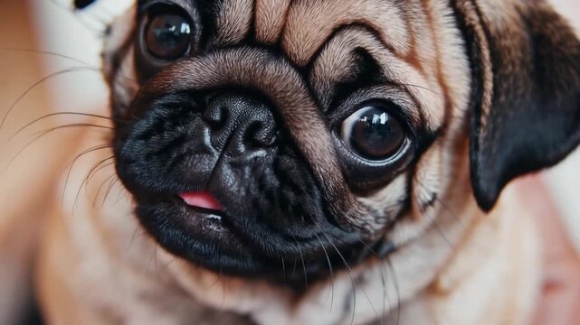 Close-up photo of adorable Pug dog sticking out tongue with saliva and sniffles looking at camera