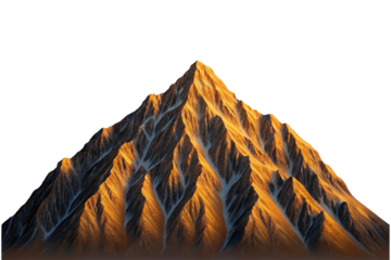 A detailed rendering of a rugged mountain peak bathed in warm golden light, isolated on transparent background.