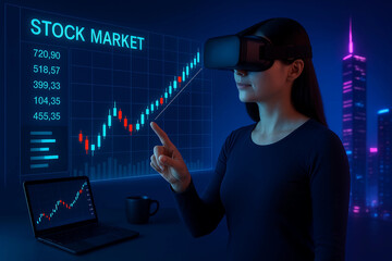 Trading in a virtual world woman analyzes stock market trends with VR headset against futuristic